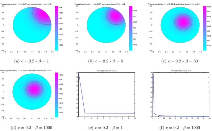 Figure 9. Ω = B(0, 1). Optimal domains for κ = 0.5, c = 0.2 and β ∈ {1, 5, 50, 1000} and two examples of convergence curves for κ = 0.5, c = 0.2 and β ∈ {1, 1000}