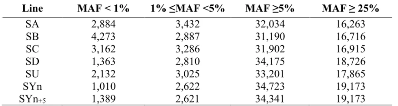 Table 1S.  Number of SNP per minimum allele frequency (MAF) category in each line.  