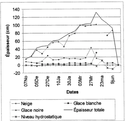 Figure 8. Épaisseur des divers types de glaces recouvrant le lac Knob, 1993-1994.