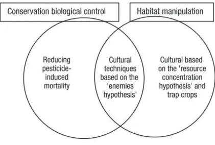 Figure  1.3:  Comparing  and  contrasting  habitat  manipulation  and  conservation  biological  control  approaches to pest management (reproduced from Gurr et al., 2004)