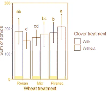 Figure 3.2: Sum of aphids (mean ± S.E.) over the two sampling seasons, i.e. cumulated number of aphids  over  7  sampling  dates  for  each  5  fields  in  2016  and  3  fields  in  2017  according  to  wheat  treatment  and  clover  treatments
