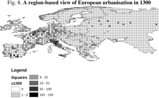Fig. 8. A region-based view of European urbanisation in 1300  Legend Squares u1300 0 1 - 5 6 - 22 23 - 51 52 - 100 101 - 155