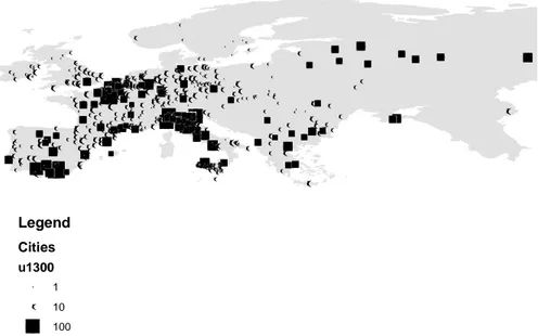 Fig. 7. A city-based view of European urbanization in 1300 