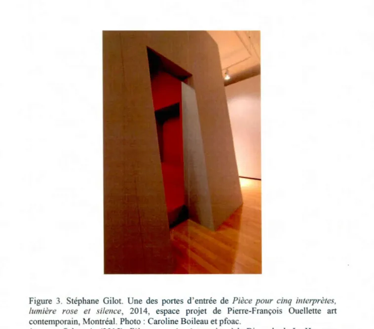 Figure  3.  Stéphane  Gilot.  Une  des  portes  d'entrée  de  Pièce pour  cinq  interprètes,  lumière  rose  et  silence,  2014,  espace  projet  de  Pierre-François  Ouellette  art  contemporain, Montréal