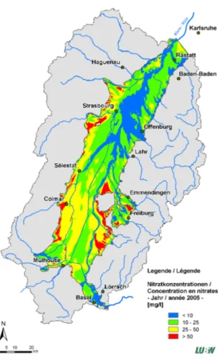 Figure 1.2: Distribution of nitrate concentration in the Upper Rhine valley aquifer in 2000