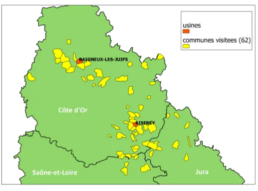 Figure 2.2 – Localisation des usines de déshydratation et des communes visitées