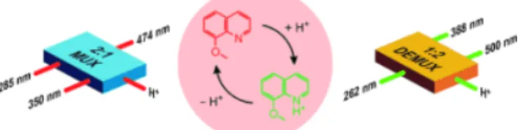 Figure 1.3: Schematic representation of 8-MQ, in red, and 8-MQ-H + , in green, and their operations as multiplexer and as demultiplexer.