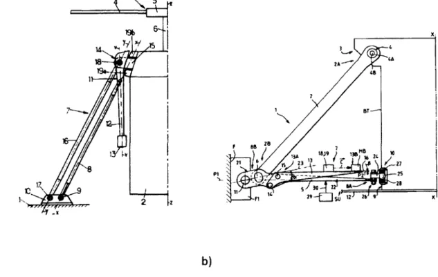 Figure  2.1.  Différentes  configurations  de  suspension  pour  transmission  principale  d'hélicoptère  provenant  de  brevets  américains,  a)  la  masse  est  représentée  par  le  numéro  13[Certain,  2000],  b)  la masse,  numéro  18-19  [Zoppitelli,