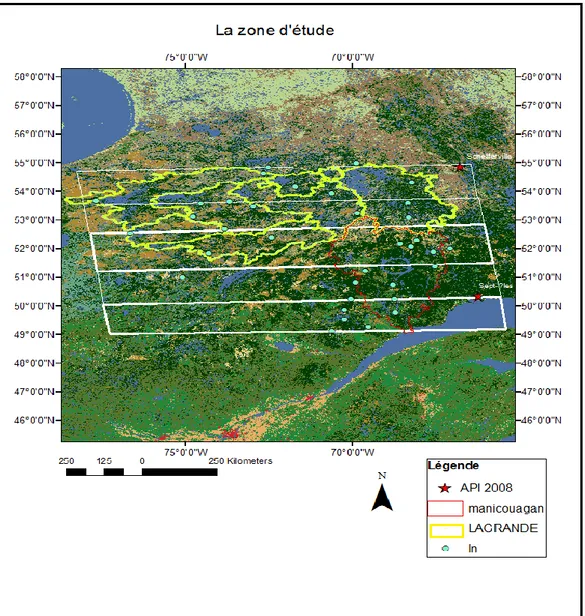 Figure 2. Site de l'étude (Le fond de la carte est l'occupation du sol pour l'année 2005, les  limites du bassin versant de La Grande sont délimitées en jaune tandis celles de Manicouagan  sont  en  rouge