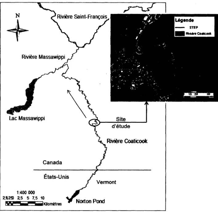 Figure 4.1- Présentation de la rivière Coaticook et du b ief étudié