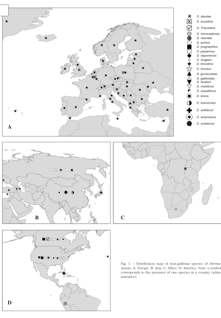 Fig. 1. – Distribution map of non-gallinae species of Derma- Derma-nyssus. A: Europe. B: Asia