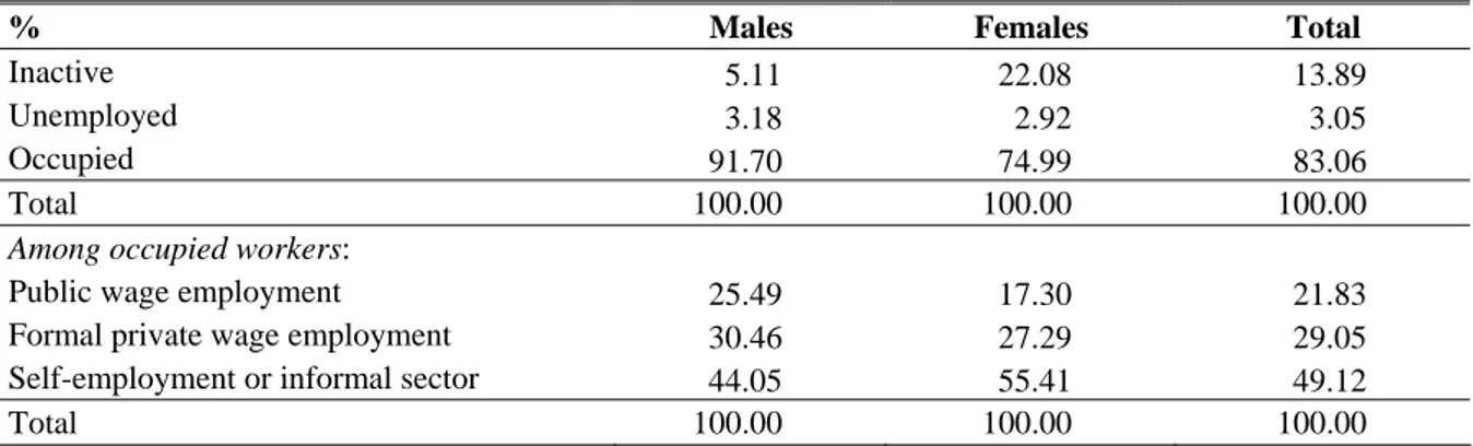 Table 3 below describes the participation and the sectoral distribution of the population across gender  in 1998