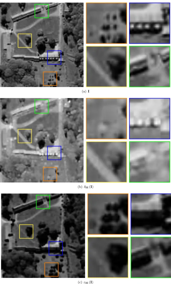 Figure 2.1: Basic morphological transformations: dilation (b) and erosion (c). The structuring element SE is a disk of diameter three pixels.