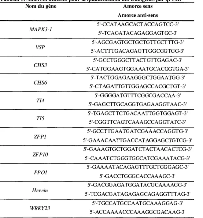 Tableau 3. Amorces utilisees pour la quantification des endogenes par qPCR.  Nom du gene  MAPK3-1  VSP  CHS3  CHS6  TI4  775  ZFP1  ZFP10  PPOl  Hevein  WRKY23  Amorce sens  Amorce anti-sens  5'-CCATAAGCACTACCAGTCC-3' 5'-TCAGATACAGAGGAGTGC-3'  5'-AGCGAGTGC