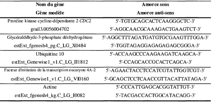 Tableau 4. Amorces des genes utilises corame temoins internes lors de la quantification  des endogenes par qPCR