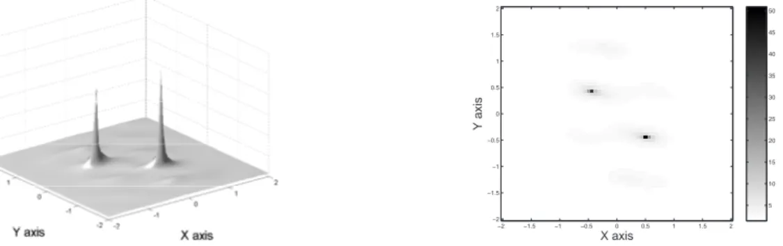 Figure 3.5.2.3: Case 2 (permeability contrasts only): 3D-plot and gray-level (or color) map of W b (z) , b = e 2 ∈ R 2 , for all points z in Ω (refer to Fig