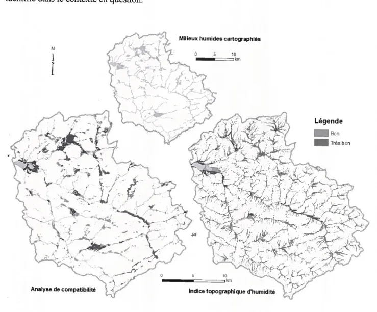 Figure 6. Présentation du potentiel pour la présence de milieux humides issu de l’analyse de compatibilité et du calcul de l’indice topographique d’humidité et milieux humides cartographiés dans le bassin versant du Lac Trois-Lacs (Estrie, Québec)