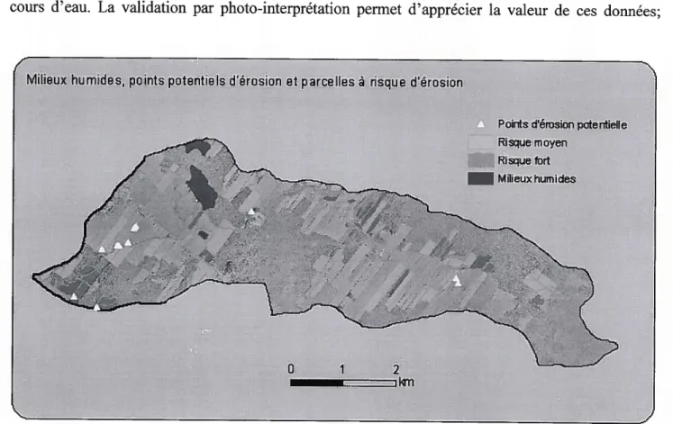 Figure 7. Présentation de la carte des fiches de diagnostic de chacun des SBV qui inclut les milieux humides, les points potentiels d’érosion et les parcelles à risque d’érosion dans le SBV L’Aulnière nombreuses sont les marques d’érosion ou d’écoulement d