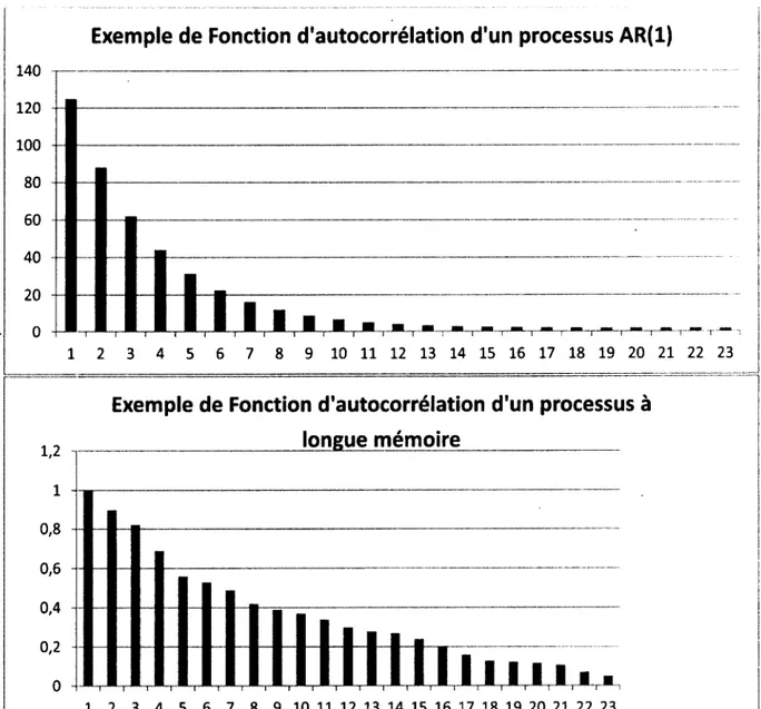 Figure 1 - Graphique comparatif des fonctions d'autocorrélation des deux processus  De façon pratique, dans le domaine temporel on dira qu'un processus X t  est un  processus  de longue mémoire si pour tout réel  c  &gt; 0, et d  tel que 0 &lt;  d &lt; 1, 