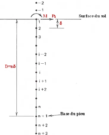 Figure 2.15  Discrétisation en différences finies pour l’analyse de pieux chargés latéralement  [Poulos et Davis, 1980] 
