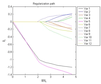 FIG. 2.3 – Chemin de r´egularisation sur les 15 variables sauf Var 13, Var 14 et Var 15