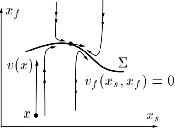 Figure 2.2: Evolution of a dynamical system in the Tikhonov normal form: during the transient dynamics, the evolution is quasi-vertical.
