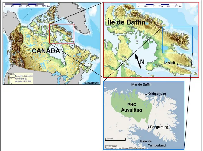 Figure 1:  Localisation du parc national du Canada Auyuittuq, île de Baffin, Canada 