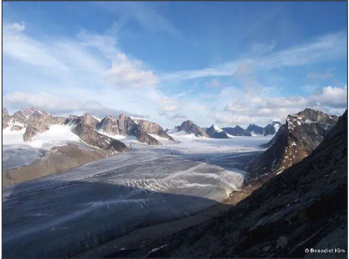Figure 13:  Le glacier Fork Beard, vu vers le sud-est depuis le flanc est du mont Thor  (66º32'N 65º19'O) 