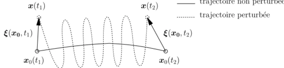 Fig. 1.1 – Perturbation du ´eplacement lagrangien pour une particule fluide ` a deux instants t 1 et t 2 .