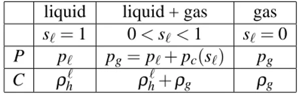 Table 6.3.1 – Définitions des variables P et C dans les zones monophasique et diphasique.