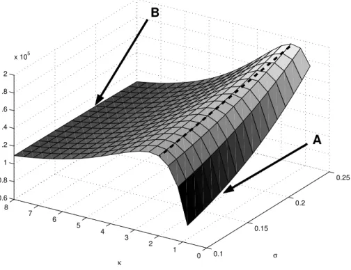 Fig. 4.1 – Surface d’erreur quadratique pour un mod`ele Variance Gamma avec deux param`etres libres