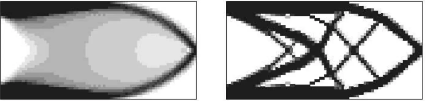 Figure 1.2: Left: density distribution of a composite optimal shape; right: penalized optimal shape (figure extracted from [3]).