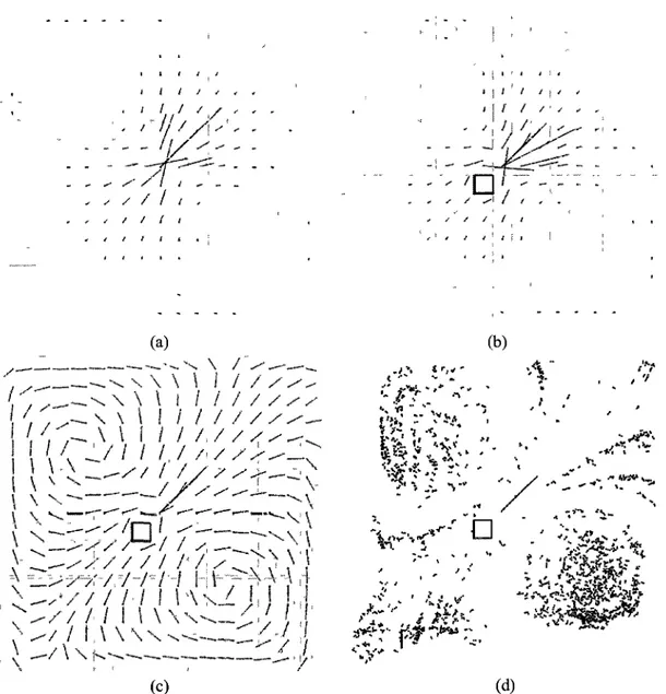 Figure 4 Images of the velocity field visualization using heuristics (a) with vectors without an obstacle,  (b) with vectors with an obstacle, (c) with unity vectors for the direction and color for the amplitude  with an obstacle, (d) with an obstacle and 