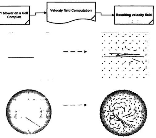 Figure 2 Summary of the velocity field computation Form left to nght we first add a blower in red (fluid velocity source), then we compute  the velocity field by simulation The result of the simulation is a 2-chain (velocities inside 2-cells) 