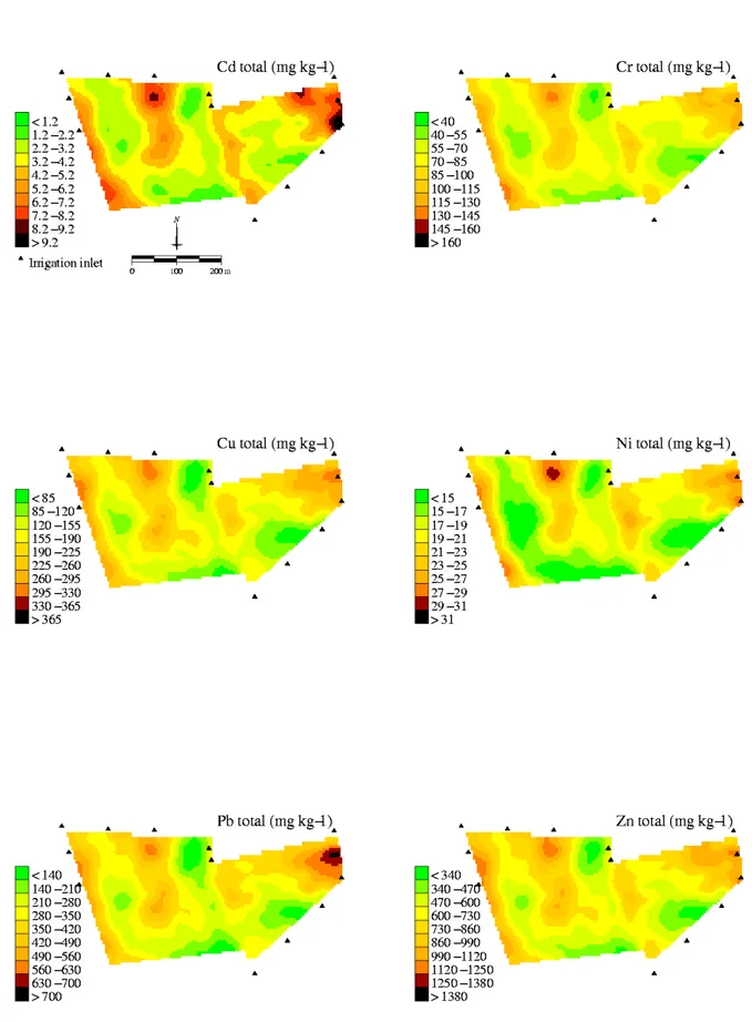 Figure 7: Maps of six trace elements (TE) estimated by collocated cokriging (CC) using 50 TE measurements  and soil organic carbon (SOC) map estimated by CC using 75 SOC measurements and an aerial photograph