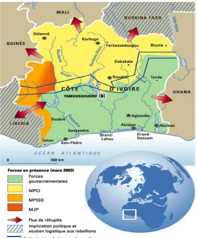 Figure 3.1 : Partition de la Côte-d’Ivoire en période de conflit politico-militaire  Modifié de ‎Gimeno et Mitrano (2003) 