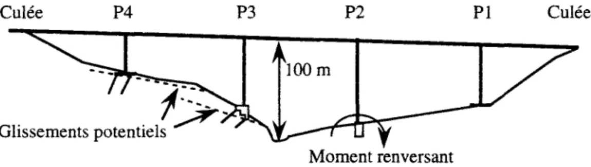 Fig. 0.2: Profil général d'un pont avec les différents types de fondations au rocher 