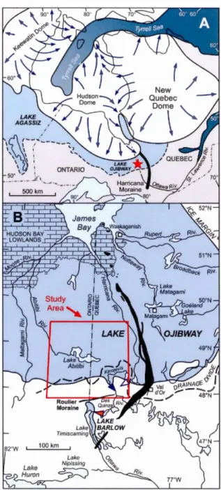 Figure  1.1  A)  Schematic extent of Lake Agassiz and Lake Ojibway in the  context of 