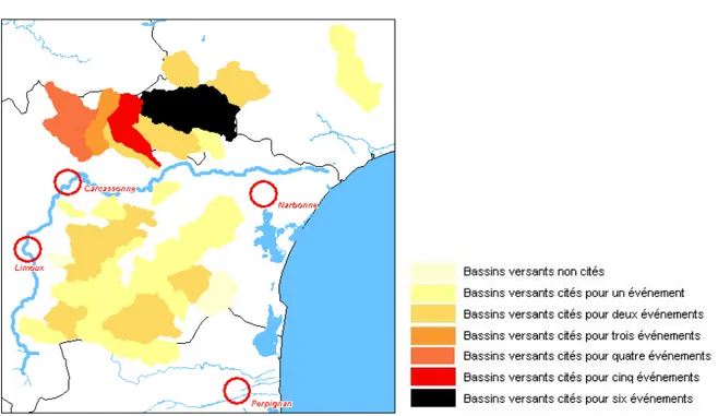 Fig. 2.11 – Répartition des bassins étudiés en fonction du nombre d’événements (sur les six événements étudiés) pour lesquels ils sont cités par la presse