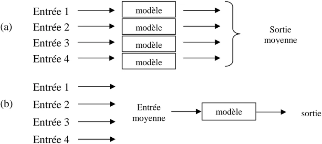 Figure  2-  3  Schéma  du  concept  de  non-linéarité  d’un  modèle  (d’après  Dubus  et  al.,  2002) :  la  sortie  moyenne  (a)  et  la  sortie  (b)  ne  sont  pas  égales