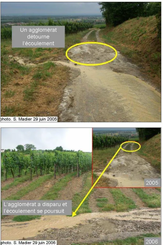 Figure  3-  4  Obstacle  modifiant  la  délimitation  du  bassin  versant.  Campagnes  de  terrain  des  29  juin  2005  et  29  juin  2006  pendant  l’orage