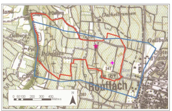 Figure  2-  1  Délimitation  des  bassins  versants  topographique  (en  bleu)  et  hydraulique  (en  rouge)  de  Rouffach  (Haut-Rhin,  France)  et  emplacement  de  la  station  Météo  France  (étoile)  ainsi  que  des  parcelles  expérimentales (croix) 