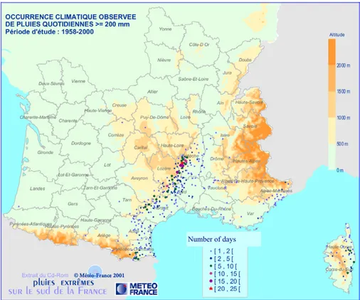 Figure 1 :  Number of days with daily precipitation greater than 200 mm over southern  France (from CDROM-pluies extrêmes sur le sud de la FRANCE, METEO-FRANCE and  MATE, 2002)