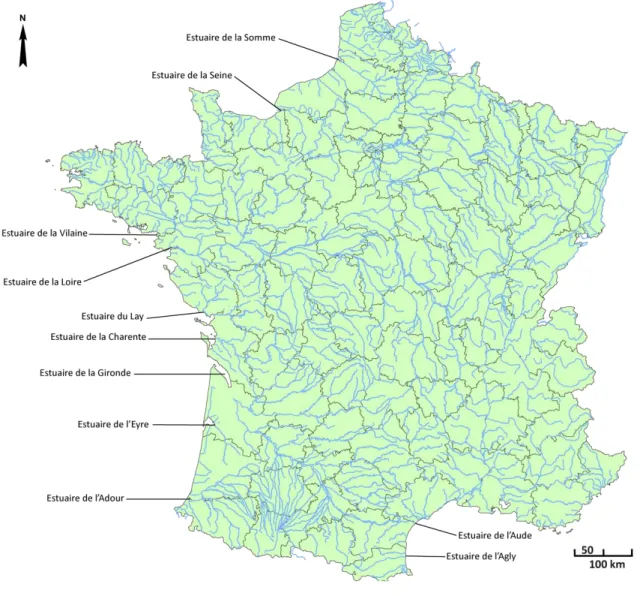 Figure  2-7  : Carte de France des estuaires. Identification des grands estuaires et de certains estuaires de taille  moyenne