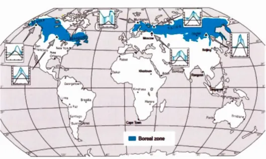 Figure  L 1:  Distribution  du  biome  boréal  à  l'échelle  planétaire  (adaptée  de  Schultz,  2005) 