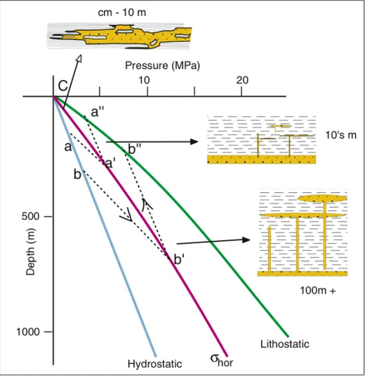 figure 2.4) et un plus grand volume de sédiments peut être fluidisé. La taille de ces intrusions est naturellement beaucoup plus importante que dans le cas précédent