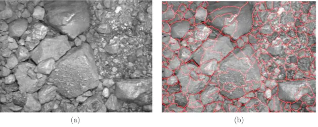 Fig. 1.9: (a) Images initiale, (b) Probl`emes d’extraction des contours : fusion des r´egions de fines et sur-segmentation des fragments