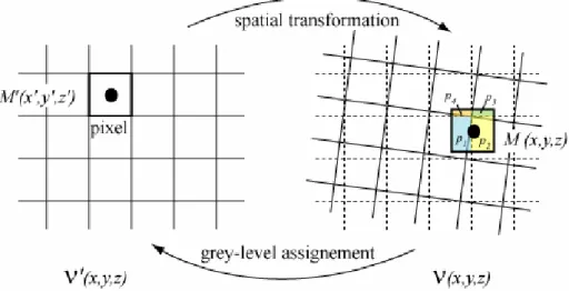 Figure III.19. Principe de la méthode d’interpolation linéaire (ici présentée en 2D, soit bilinéaire),  valable quand la composante en rotation de la transformation géométrique est faible