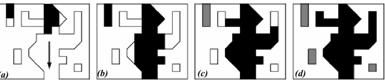 Figure III.22. Représentation schématique de la procédure de percolation (noir : réseau connecté ;  gris : réseau non connecté)
