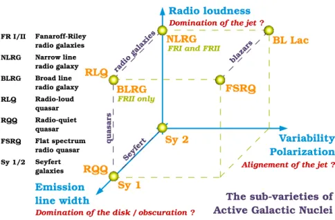 Figure 2. Principal sub-varieties of AGN, ordered as a function of their relative power in the radio band, of the width of their emission lines and of their variability and polarization